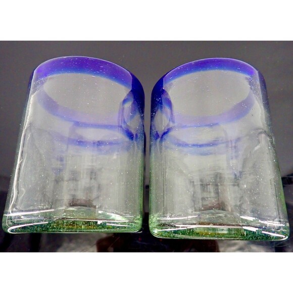 Cobalt Blue Hand Low Ball Drinking Glasses Set of 2 Hand Blown Heavy 4" Tall - Picture 3 of 8